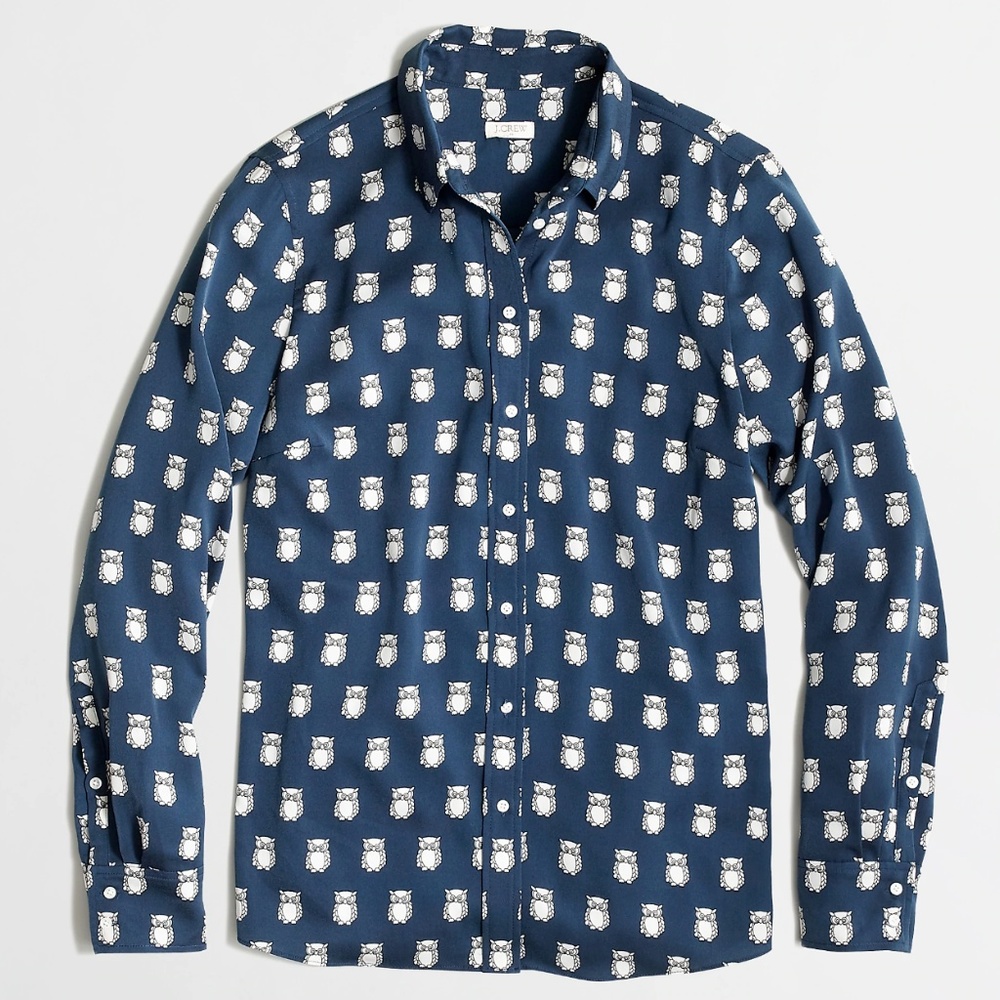 J. CREW Blue Owl Print Shirt critter Button Front Blouse - Picture 2 of 8